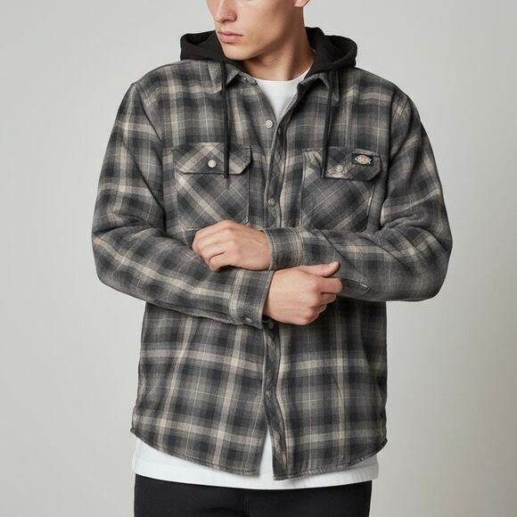 Dickies Quilted Lined Flannel Hooded Overshirt Jacket – Black Grey Plaid, XL - Picture 1 of 9